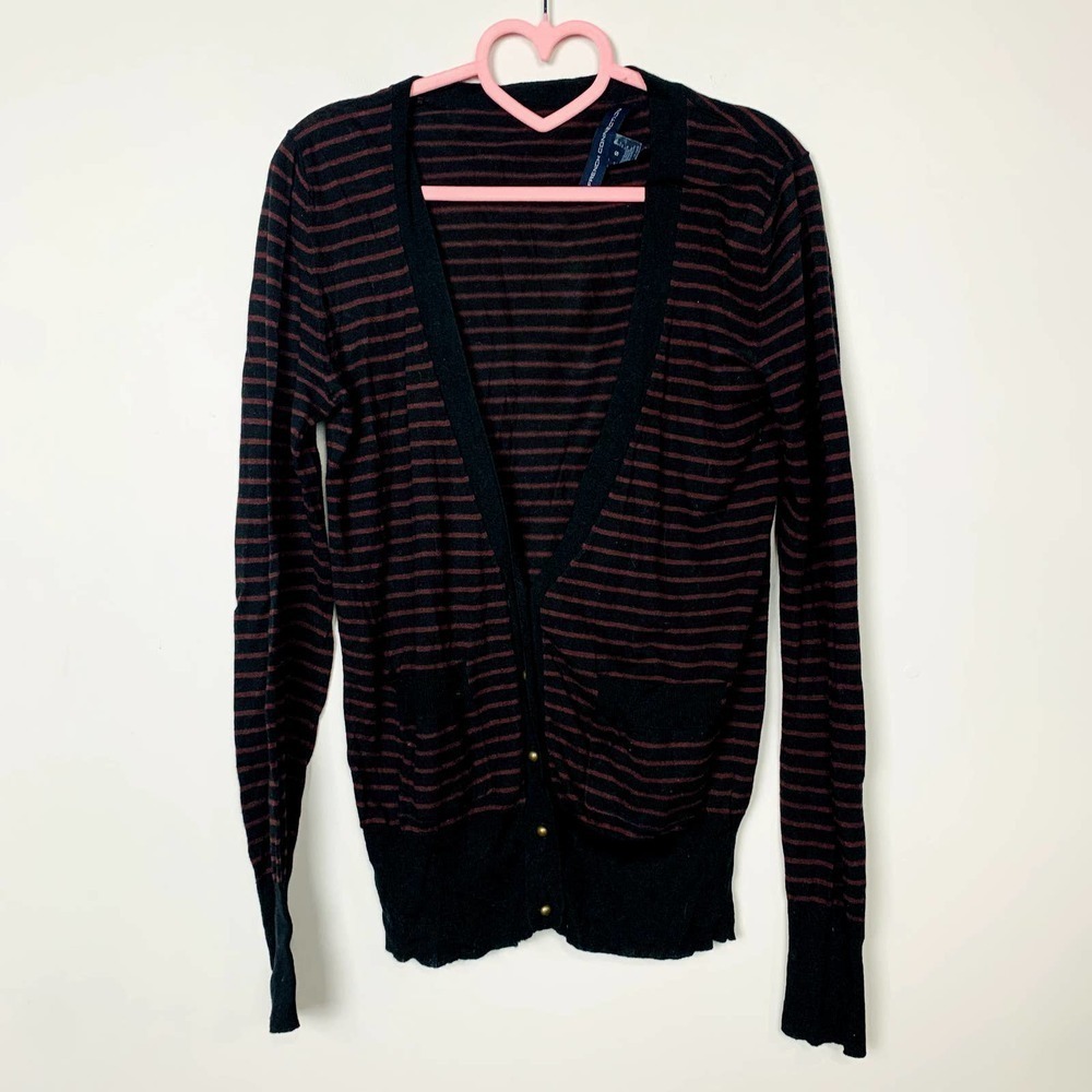 French Connection Striped Button Front V-Neck Cardigan Sweater Black Red Small